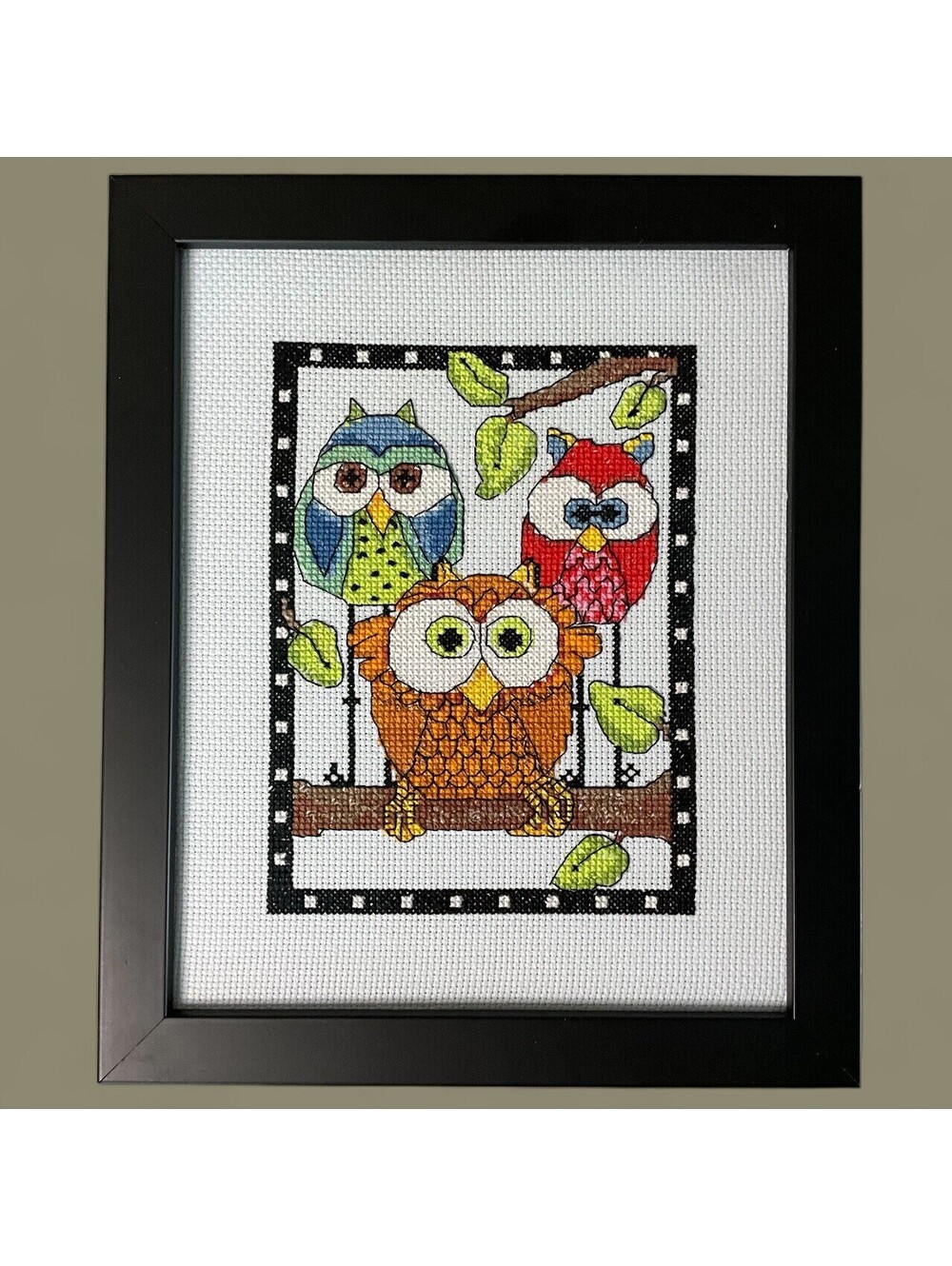Owl Trio Dimensions Cross Stitch Kit 70-65159 Completed Framed 8.5" x 10.5"